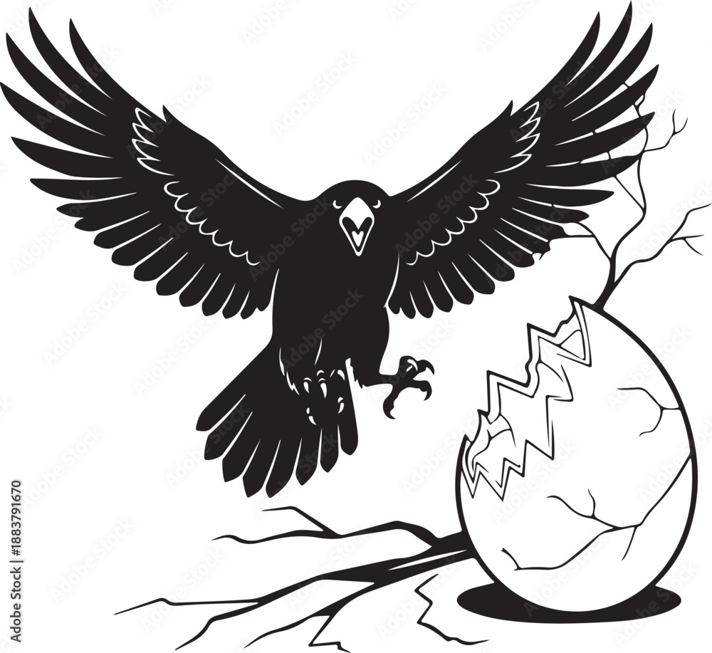 Obraz premium Predatory Black Bird with Wings Spread and Claws Out Near Cracked Egg