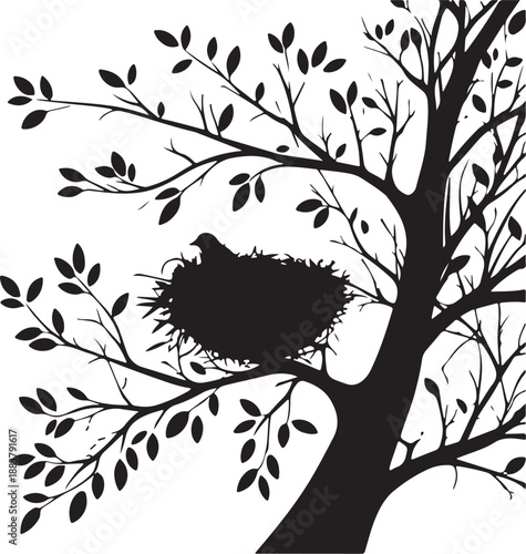 Bird in nest silhouette on a tree branch, black and white nature illustration
