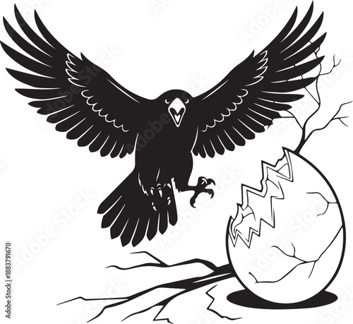 Predatory Black Bird with Wings Spread and Claws Out Near Cracked Egg