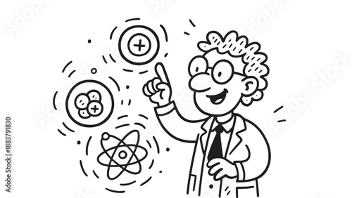 A cartoon scientist excitedly pointing at an atom and its components floating in the air.