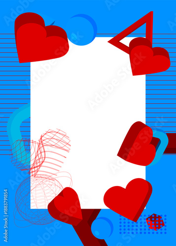 Red Heart geometrical graphic retro theme background. Minimal geometric elements. Vintage abstract shapes vector illustration.