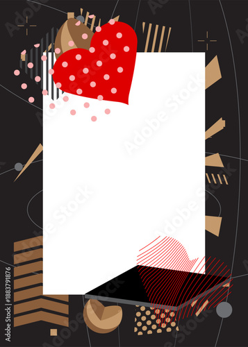 Red Heart geometrical graphic retro theme background. Minimal geometric elements. Vintage abstract shapes vector illustration.