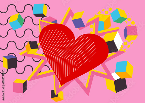 Red Heart geometrical graphic retro theme background. Minimal geometric elements. Vintage abstract shapes vector illustration.