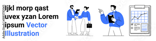 Business planning, teamwork, data presentation, productivity, strategy, communication. Two professionals discussing a chart and a clipboard with graphs. Business planning and teamwork concept