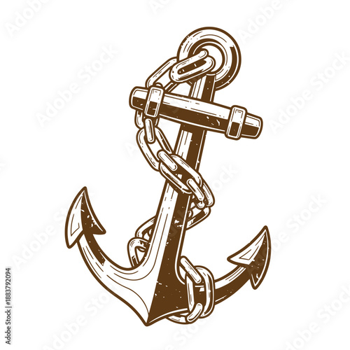 Drawing Vintage grunge  texture Brown anchor with chain wrapped around it on white background