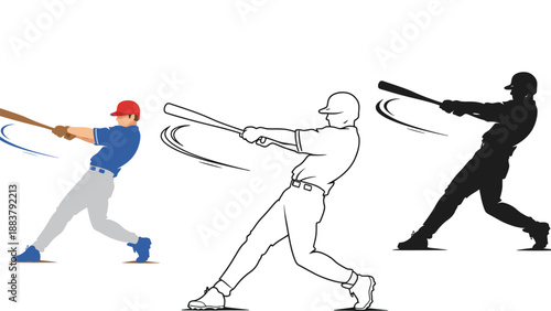 Three baseball players swinging bats in different illustration styles and colors