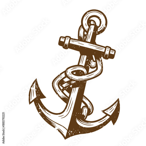 Drawing Vintage grunge  texture Brown anchor with chain wrapped around it on white background
