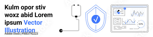Healthcare security, medical technology, data analytics, patient care, cybersecurity, information protection. Stethoscope, shield with checkmark monitoring dashboard. Healthcare security and medical