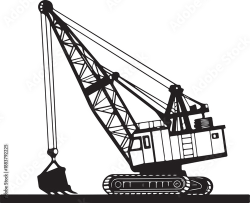 Retro Power Shovel or Dragline Crane Heavy Equipment Black Silhouette