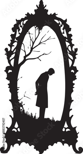Silhouette of Sad Man Standing in Ornate Mirror Frame, Depression Concept