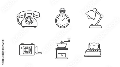 A collection of vintage and modern office and home items in simple line art