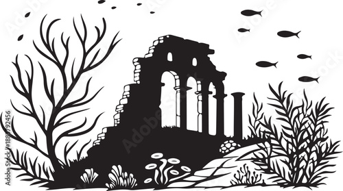 Black and White Underwater Ancient Ruins Silhouette with Fish and Sea Plants
