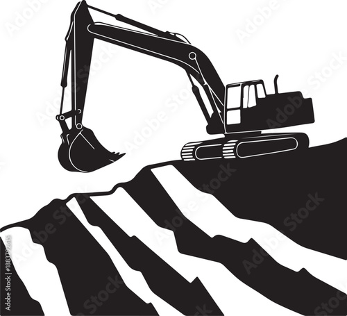 Black Silhouette Icon of Excavator Digging on Mountain Slope