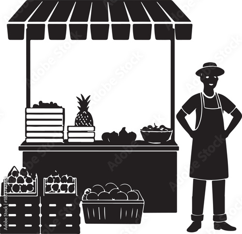 Farmer's Market Fruit Vendor Stall Icon Black and White Silhouette