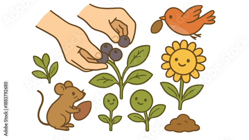 A cartoon illustration of hands planting seeds with a mouse, bird, and smiling plants