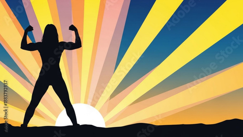 Silhouette of a strong woman flexing muscles against a vibrant sunrise symbolizing power achievement and motivation for fitness and success