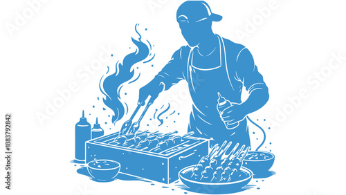A chef grilling food on a barbecue with tongs and sauce