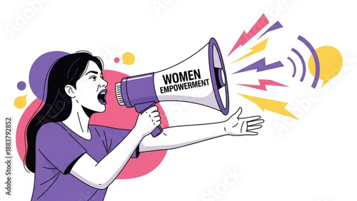 Woman with megaphone shouting Women Empowerment vector illustration representing activism and social justice concept for advocacy and protest
