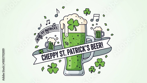 St Patricks Day green beer illustration with shamrocks and music notes festive celebration graphic for Irish holiday events and promotions