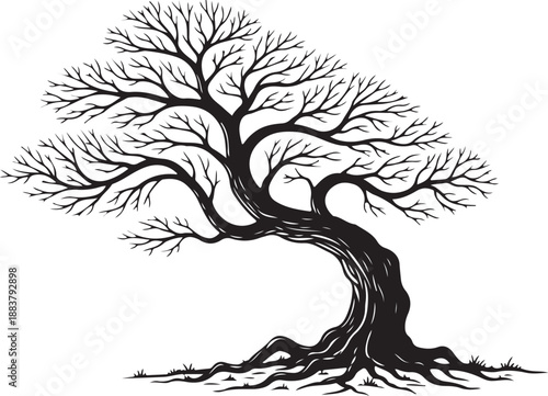 Ancient Gnarled Tree Silhouette with Sprawling Roots Vector Art