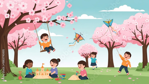 Children playing in a park with cherry blossoms flying kites and building sandcastles representing spring fun and outdoor activities