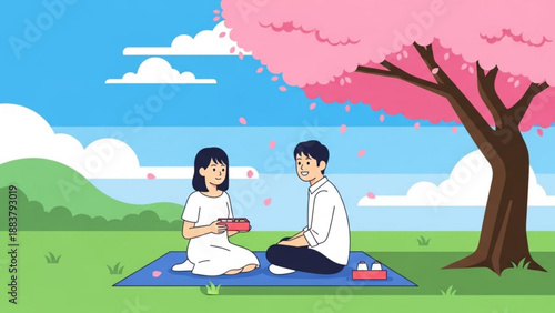 Couple enjoying a romantic picnic under a blooming cherry blossom tree celebrating spring season outdoors with food and drinks flat vector illustration