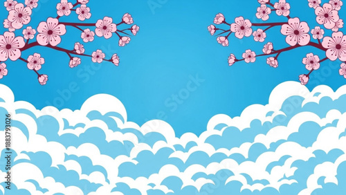 Cherry blossom branches frame a bright blue sky with fluffy white clouds representing spring and natures beauty for seasonal designs