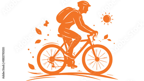 A man riding a bicycle on a sunny day with leaves blowing around him