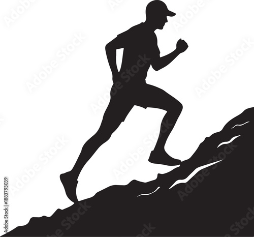 Black silhouette of male runner sprinting or jogging up a steep slope.