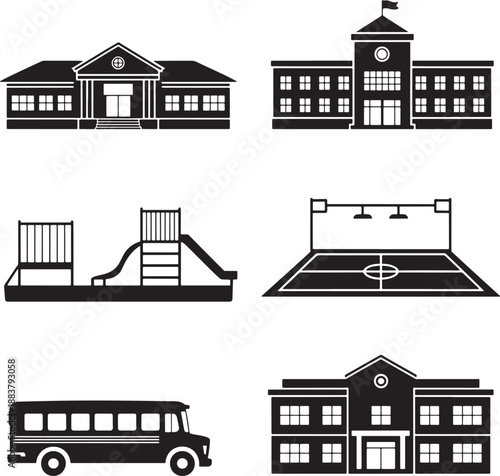 Academic infrastructure and transport icons including school buildings bus and playground area