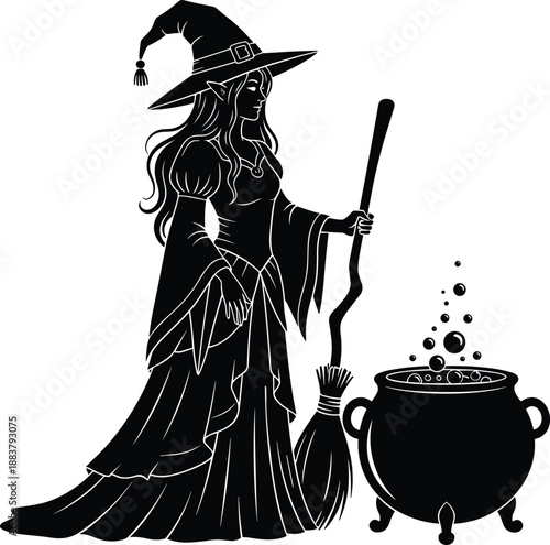 Vector black and white silhouette of a beautiful gothic witch standing by a bubbling cauldron, holding a broomstick, fantasy magic illustration for Halloween.