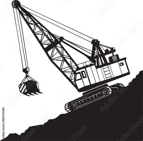 Black and white vector illustration of heavy duty crawler excavator dragline on construction site