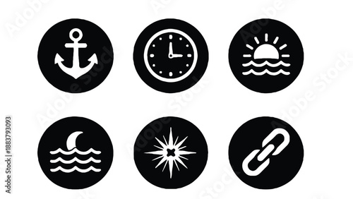 A collection of nautical and time icons on a white background