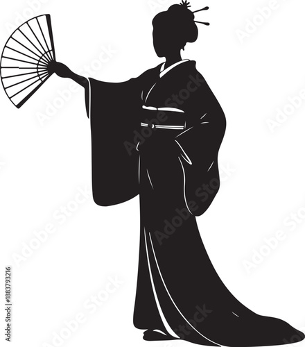 Elegant Geisha Silhouette Vector Icon: Traditional Japanese Woman with Fan.