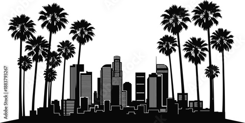 Vector black and white silhouette of Los Angeles skyline with iconic downtown buildings and tall palm trees, California city cityscape isolated illustration. (24 words)