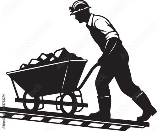 Miner Pushing Wheelbarrow Loaded with Coal on Rail Track Silhouette