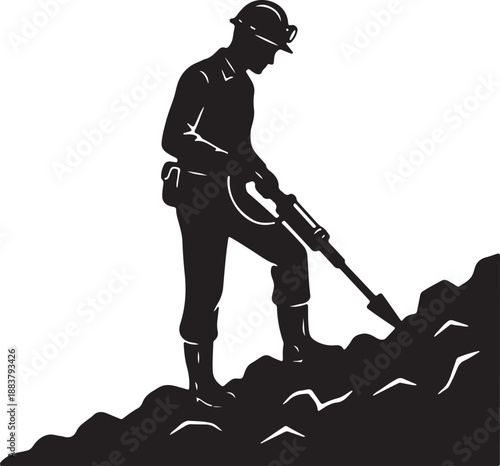 Miner or Construction Worker Silhouette with Jackhammer Black and White Vector