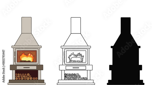 A colorful illustration of different types of fireplaces and stoves for home heating