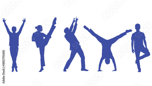 A group of colorful silhouettes of people practicing yoga and stretching exercises