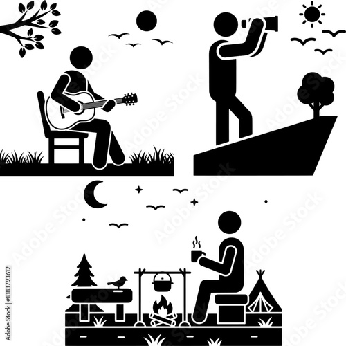 Man Enjoying Nature Hobby, Playing Guitar, Sightseeing, and Camping Silhouette