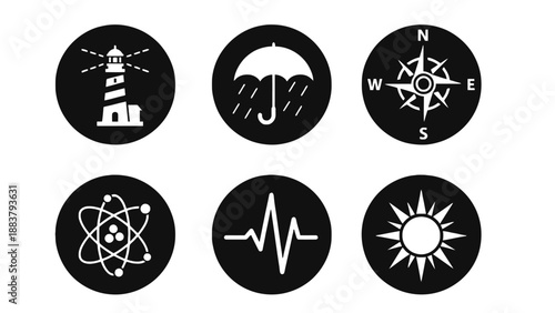 A collection of six black and white icons on a plain background