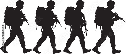 Four marching soldiers silhouette with backpacks and rifles on white background.