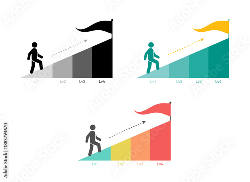 ジェットブラック・エメラルドティール・マルチカラーヒートマップの3色展開、Lv1〜Lv4の4段階スロープ状階段を登るピクトグラムと頂上の旗で人事評価制度の等級・ゲームのレベルアップ・会員ランクの昇格条件を可視化した目標達成プロセス図および成長マイルストーン図解セット