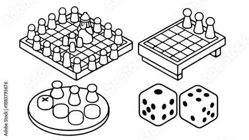 A colorful illustration of various board games and game pieces on a white background