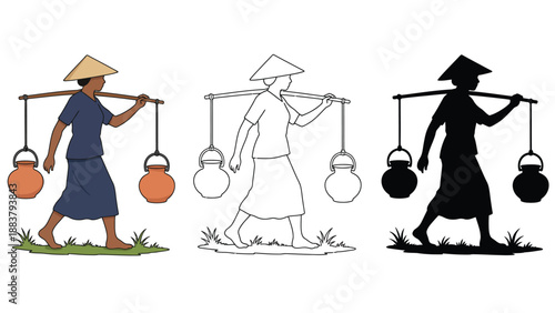 An illustration of a person carrying kettlebells in different colors and styles