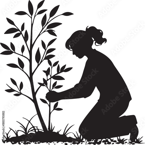 Woman Planting Tree Silhouette Illustration - Environment and Nature Care