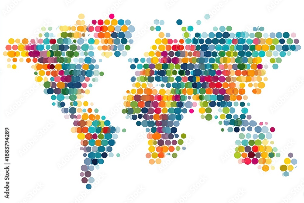 Fototapeta premium Colorful mosaic, depicting world map, composed of varied-sized, overlapping circles on white background