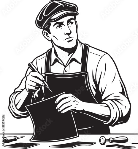 Artisan Leatherworker Crafting Product Black and White Vector Illustration