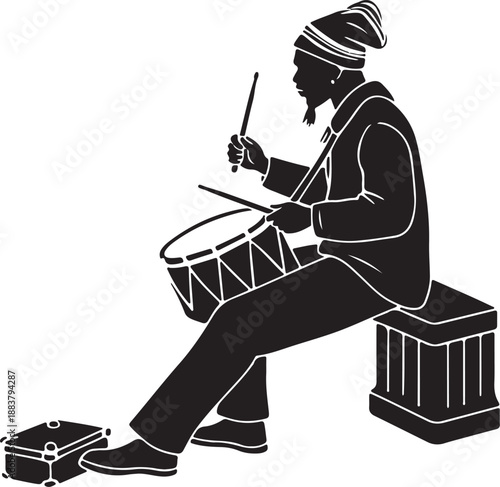 Black Silhouette Vector Illustration of a Drummer Playing Percussion