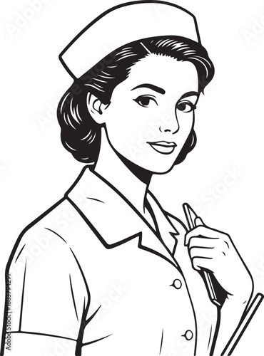 Classic Retro Nurse Illustration Line Art Portrait Black and White